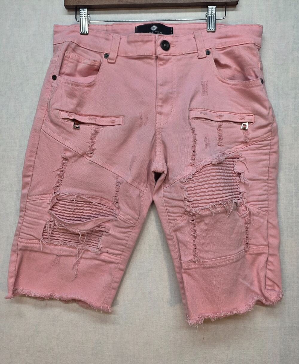 Focus Jeans Men's Sz‎ 34 Pink Distressed Moto Biker Jean Shorts Urban Streetwear